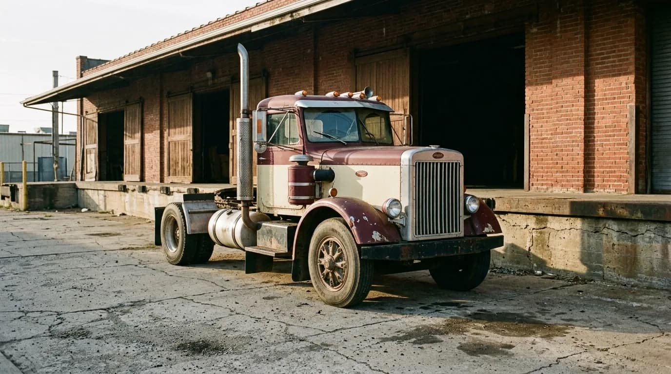 Maroon and cream paint, a spoked front wheel, and a brick warehouse that has seen better decades. Where do you think the freight went when this dock was busy?