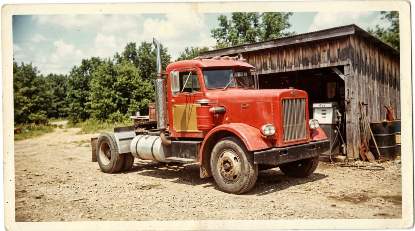 A faded print of a red tractor beside a wooden shed with a single gas pump. It's the kind of snapshot that lives in a shoebox and comes out at every family gathering.