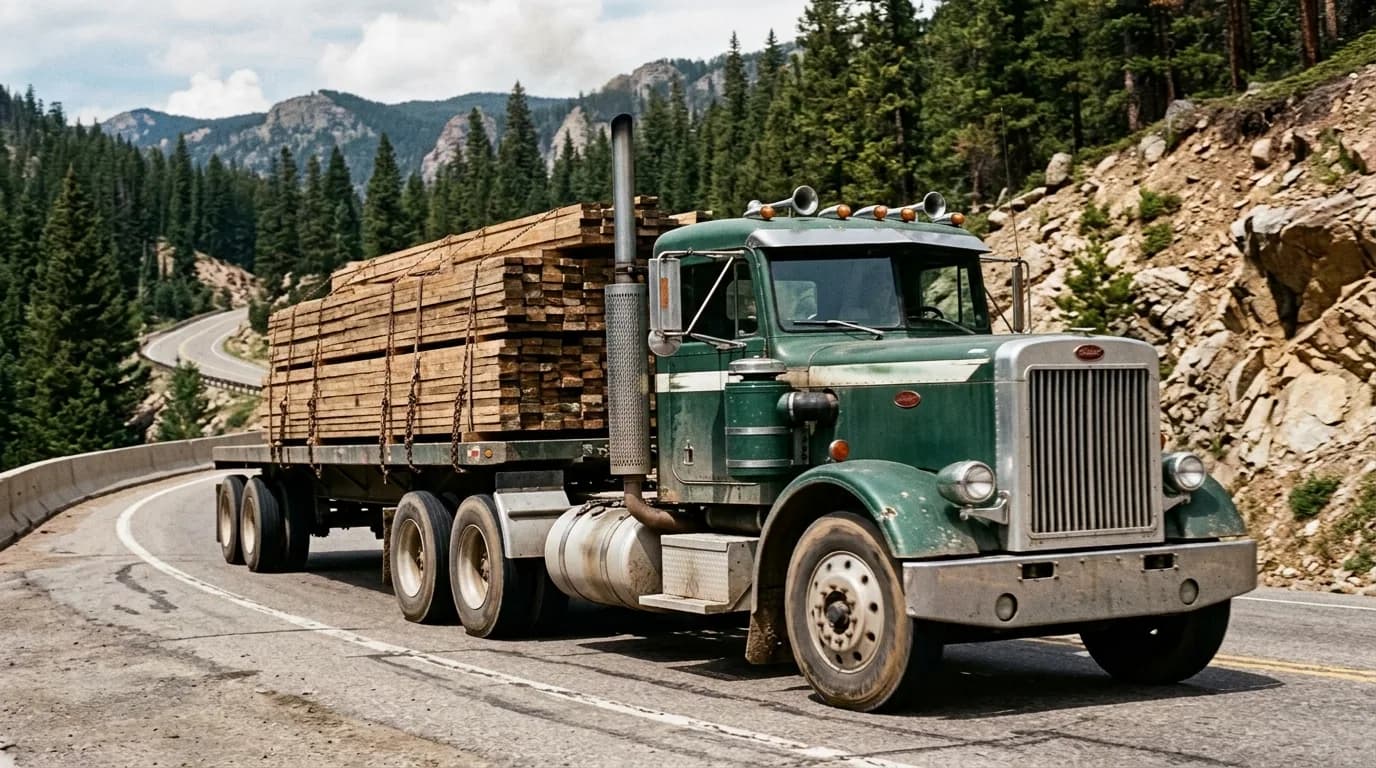 A green classic long-hood conventional tractor with a cream side stripe hauls a flatbed of chained-down lumber around a curve on a mountain road, with pine forest and a rocky hillside behind it.