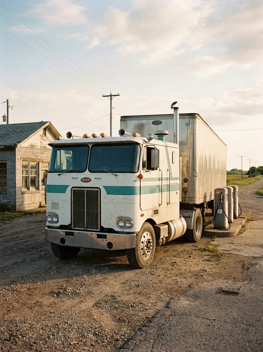 A white and teal Peterbilt 352 Pacemaker cabover truck with a dry van trailer parked beside two gas pumps at a small roadside station at golden hour.