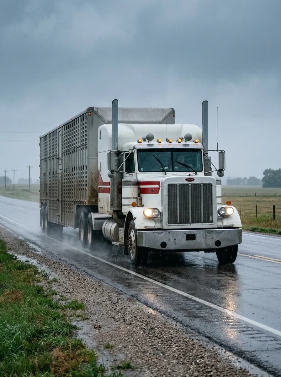 Rain, a livestock trailer, and a Peterbilt that doesn't slow down for either.