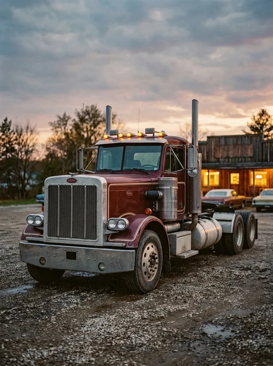 A maroon long-hood Peterbilt 359 day cab parked on a gravel lot at dusk in front of a lit wooden building, with classic cars parked nearby under a cloudy sky.