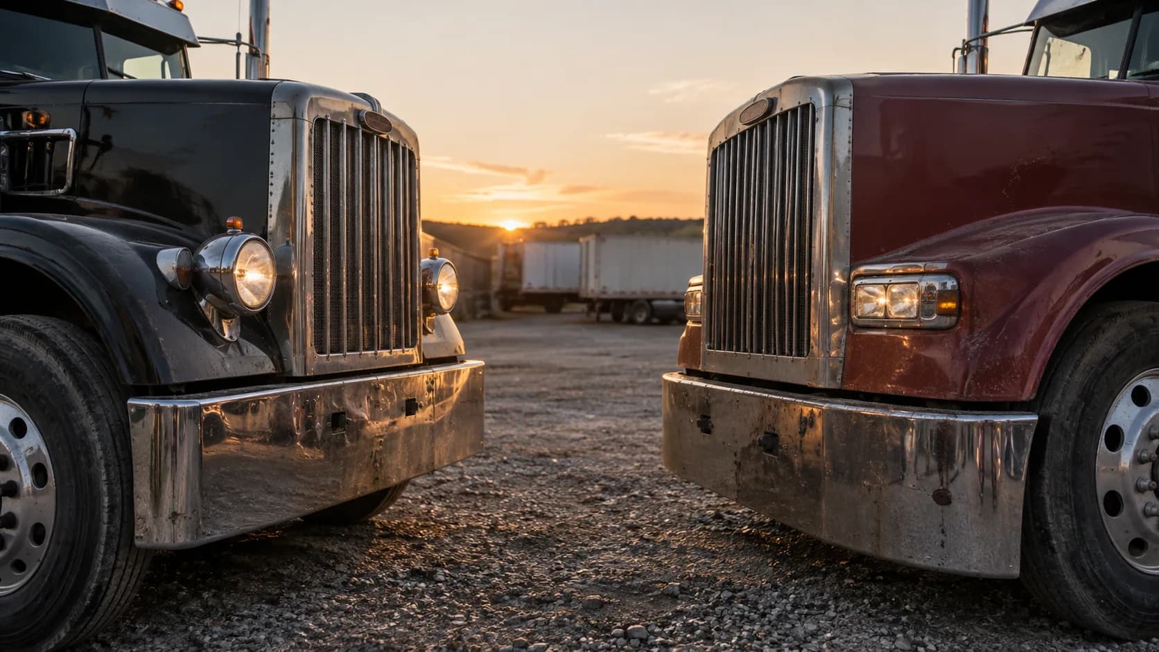 Two grilles face to face on a gravel lot with the sun going down between them. Round pods on the left, rectangular lamps on the right. Which side are you on?