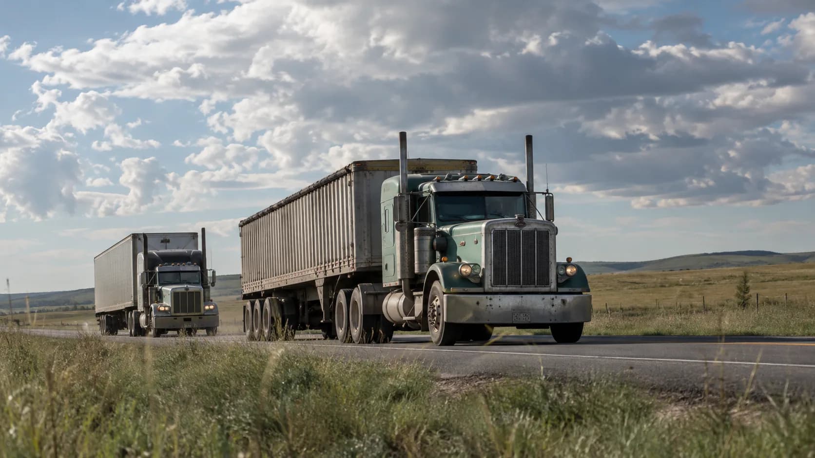 A pair of long-hoods rolling down a prairie road under big clouds, the lead one hauling a tall grain-style trailer. The long-hood look has not left the highway.