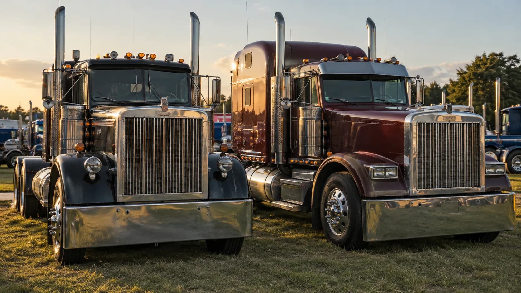 Two long-hood trucks parked nose to nose on grass at sunset: a black one with round headlamps and a maroon one with rectangular headlamps, both with tall chrome stacks and polished bumpers.