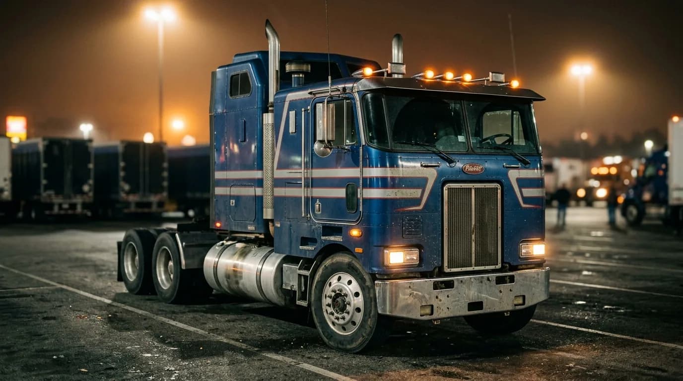 A blue cabover tractor with silver and red stripes parked in a truck-stop lot at night, its twin chrome stacks and amber cab-roof marker lights glowing in the orange haze of sodium lamps, with other t