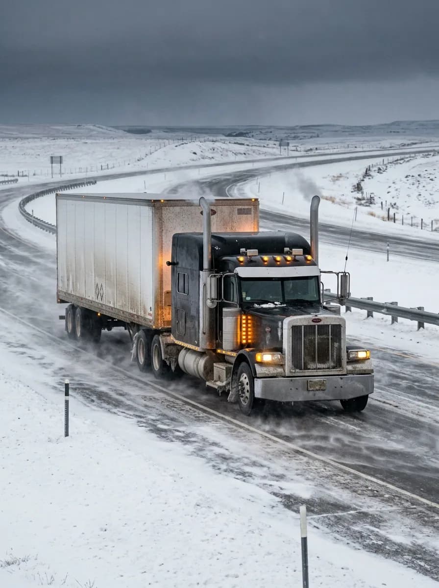 Snow, a dry van, and a black 379 that isn't slowing down for either.