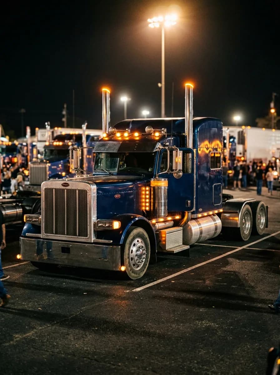 A dark blue Peterbilt 379 with chrome stacks and amber cab lights parked at a nighttime truck show, surrounded by other trucks and a crowd.