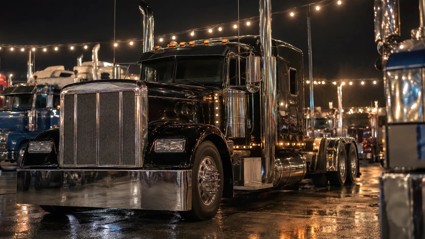 A polished black long-hood semi with rectangular headlights and tall chrome stacks at a truck show at night