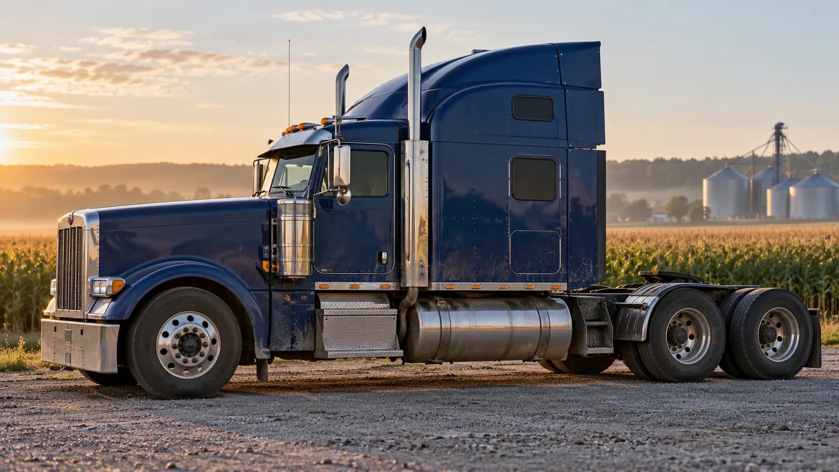 A navy long-hood with a tall sleeper resting by a cornfield at sunrise, grain bins in the distance. Square hood or sloped aero nose: which one would you spec?