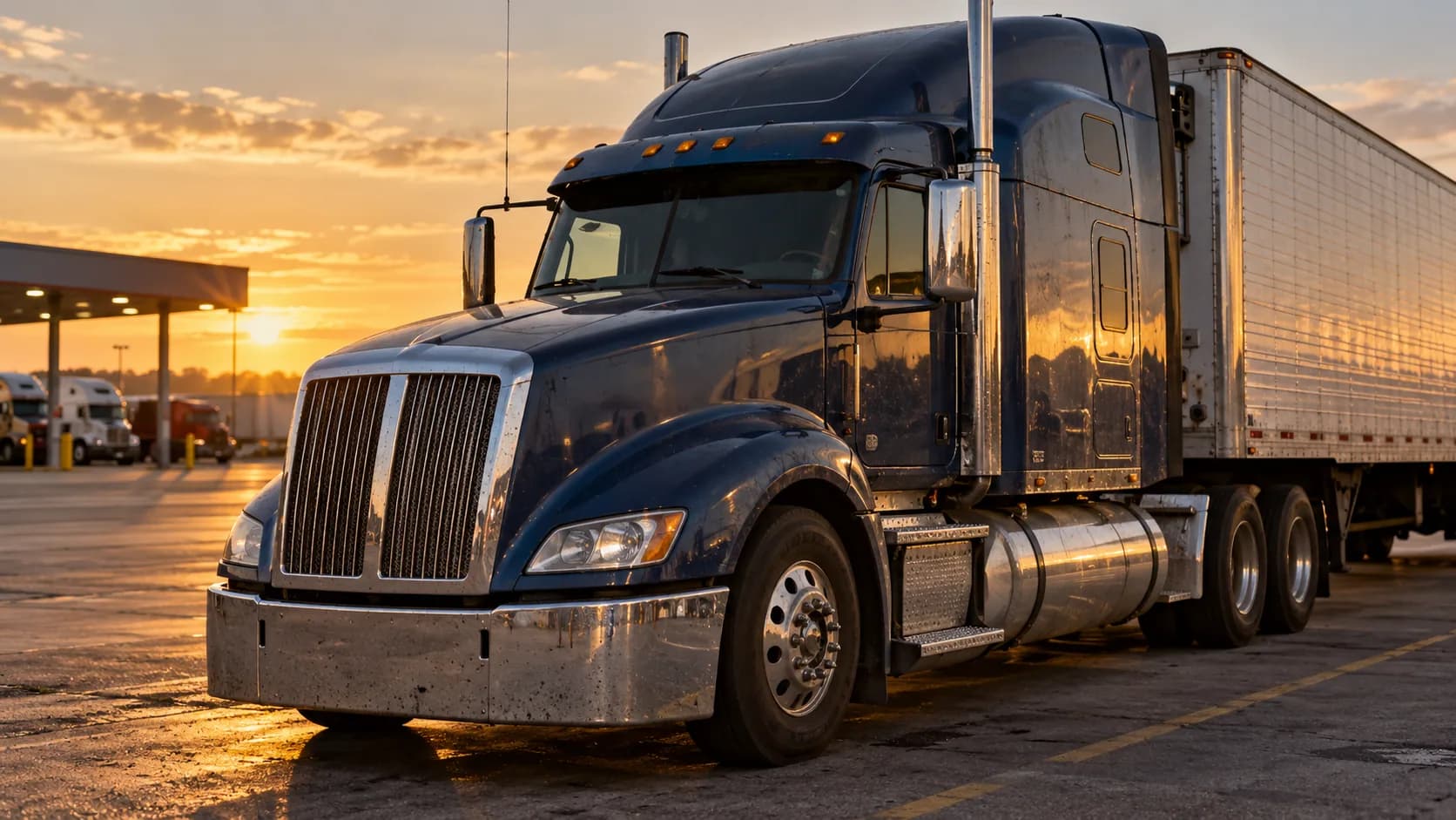Dark blue sloped-hood aerodynamic semi truck with a chrome grille, tall stacks and a reefer trailer parked at a truck stop at sunset, other trucks under the fuel canopy behind.