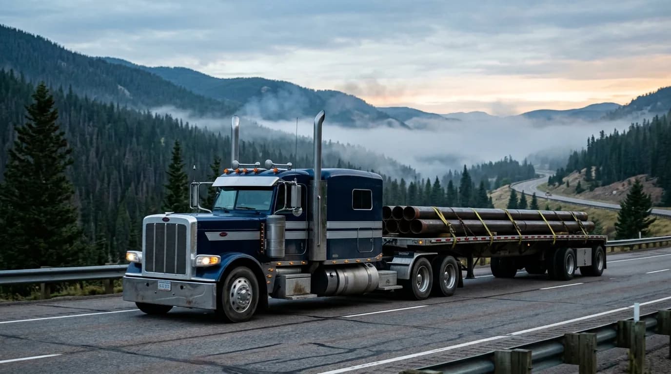 A dark blue conventional hauling a flatbed of steel pipe while mist hangs over the mountains and the sky starts to glow. Which long-hood would you want on this stretch of road?