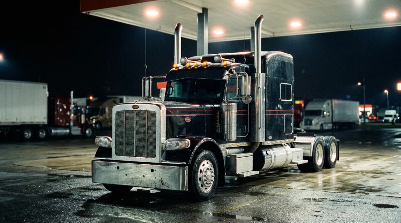 A black long-hood Peterbilt 389 with twin chrome stacks and amber cab lights parked under a fuel station canopy at night on wet pavement, with trailers in the background.