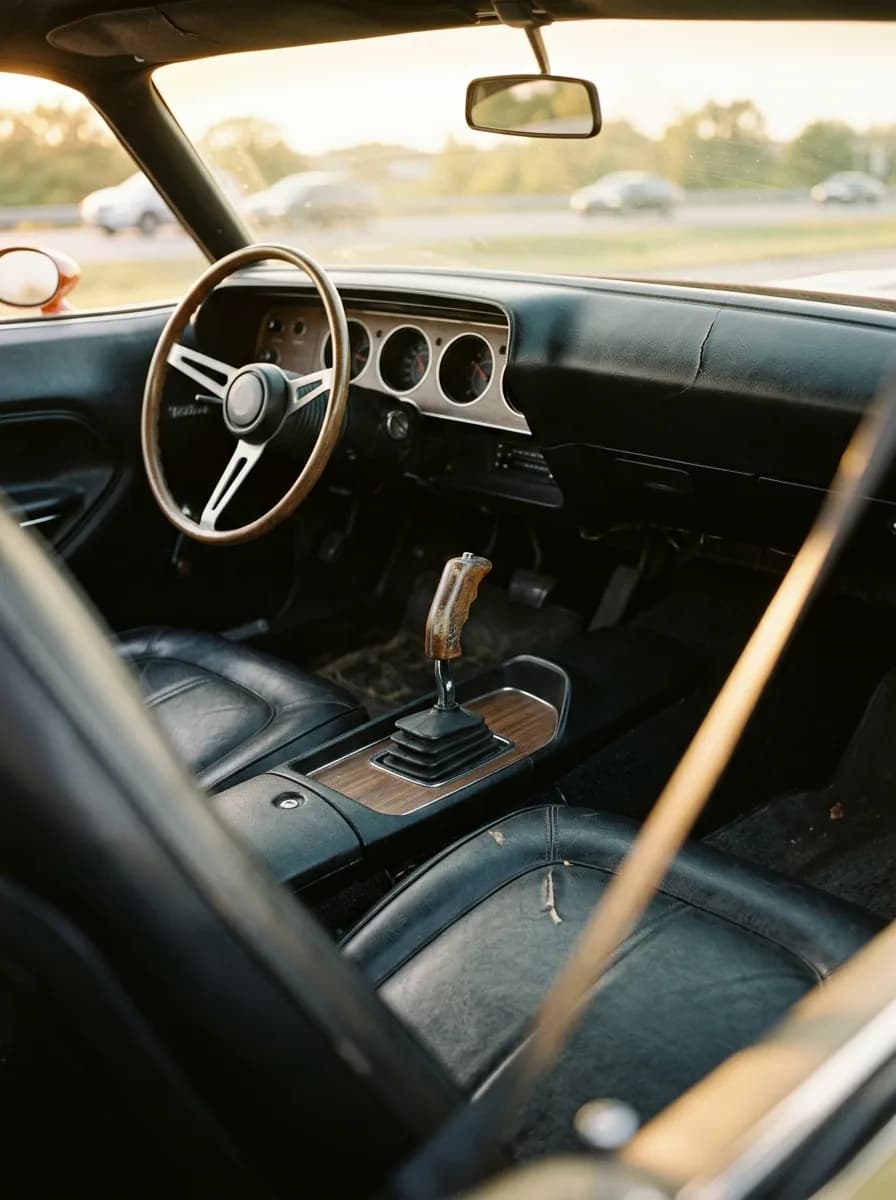 Pistol grip in hand, sun dropping through the windshield — the view every 'Cuda four-speed driver knows.