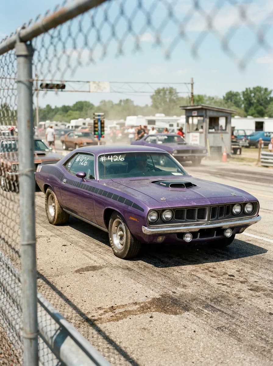 AI-generated render of a purple 1971 Plymouth Hemi 'Cuda staged at a drag strip with '426' chalked on the windows and dust in the air.