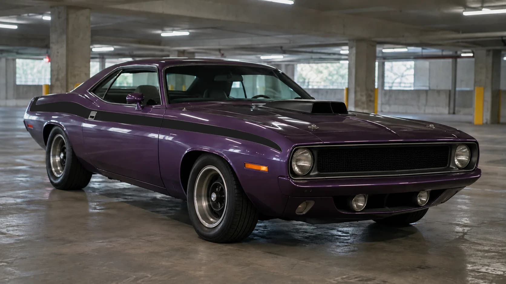 A purple 1970 Hemi Cuda with a shaker hood scoop in an empty concrete parking garage
