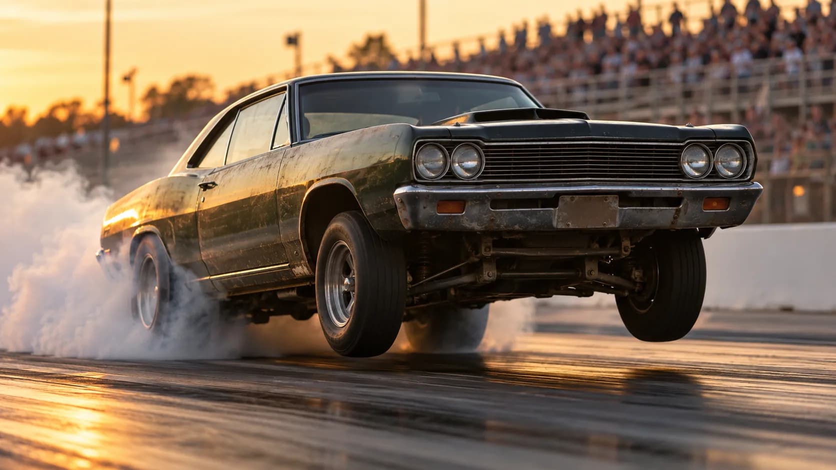 Front wheels in the air, rear tires in smoke, a full grandstand at sunset. Back in the day, which did you want: the 383, the 440 Six Barrel or the Hemi?