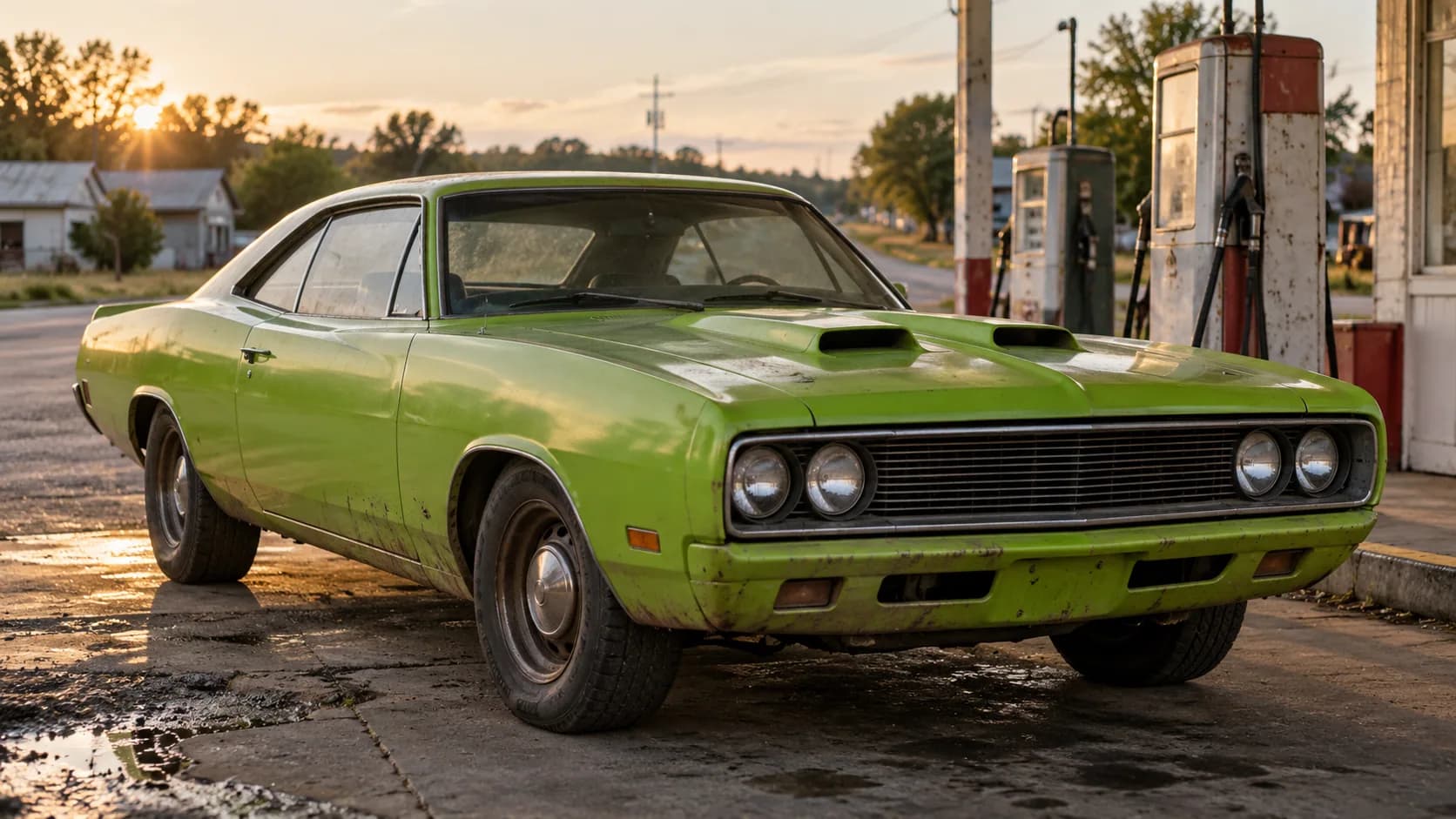A faded lime-green two-door hardtop with quad headlamps and twin hood scoops parked beside weathered gas pumps at sunset in a small town.