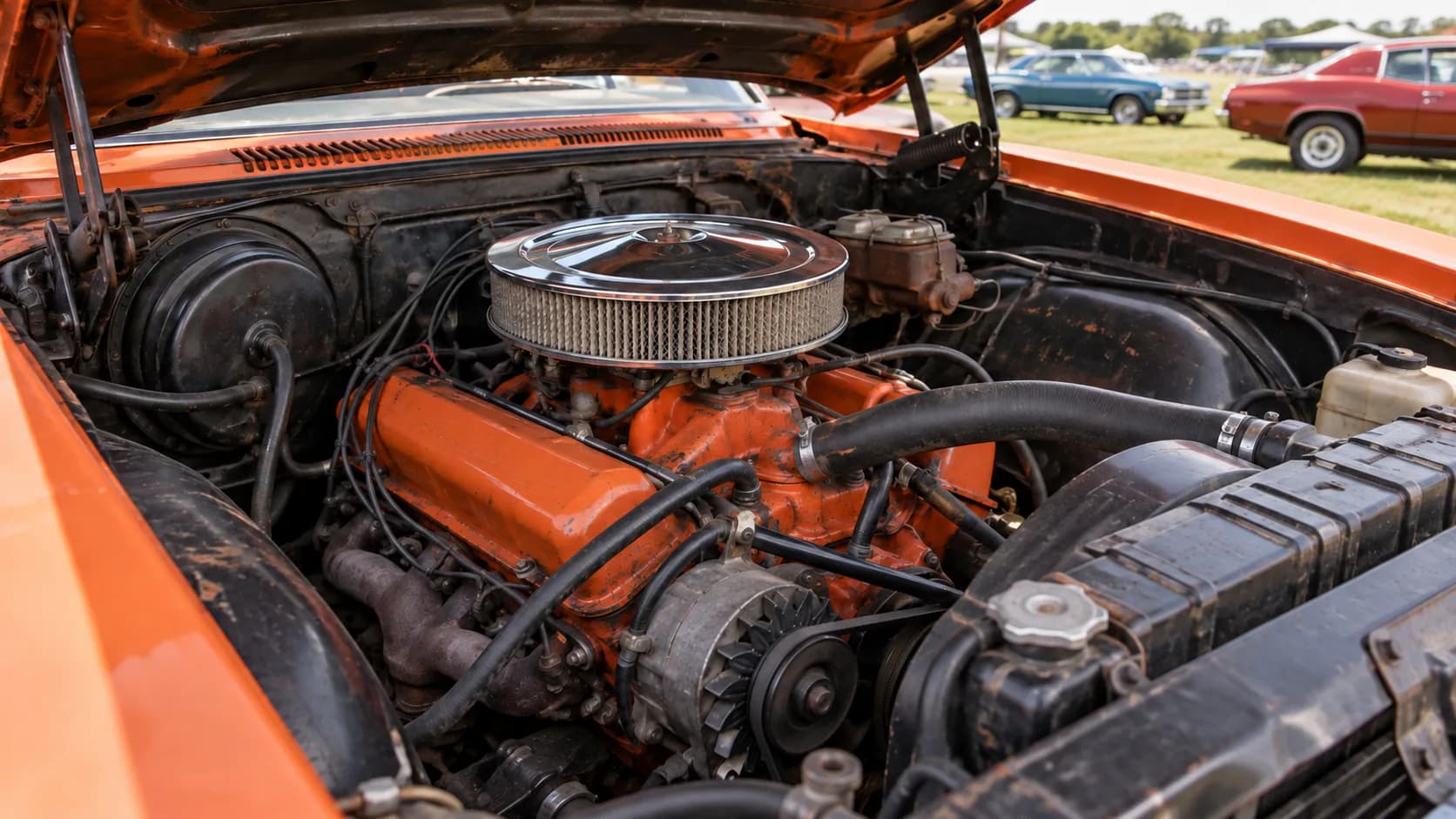 Orange block, chrome air cleaner, hood up on a show field. On a 1970 SS 454, the three letters stamped on the front of that block can be worth more than the paint job.