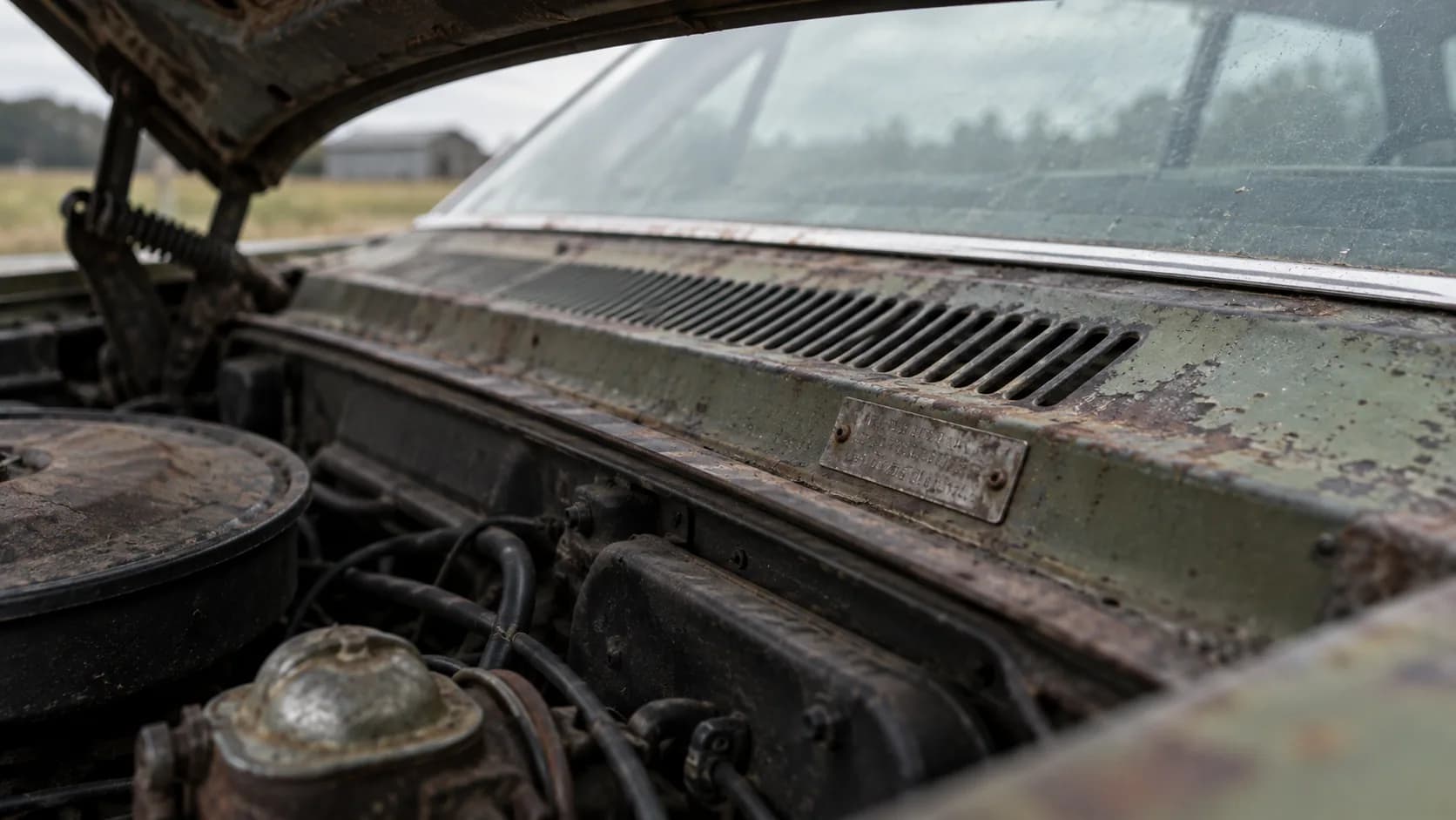 A small riveted plate on a rusty cowl. On an old muscle car it tells you a lot, but not everything. Do you know what it leaves out?