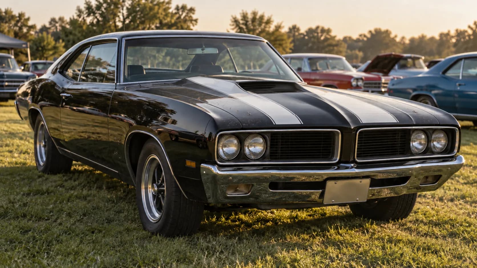 A black 1970s-style muscle coupe with wide silver hood stripes, a raised hood scoop and quad round headlamps, parked on grass at a car show at sunset.