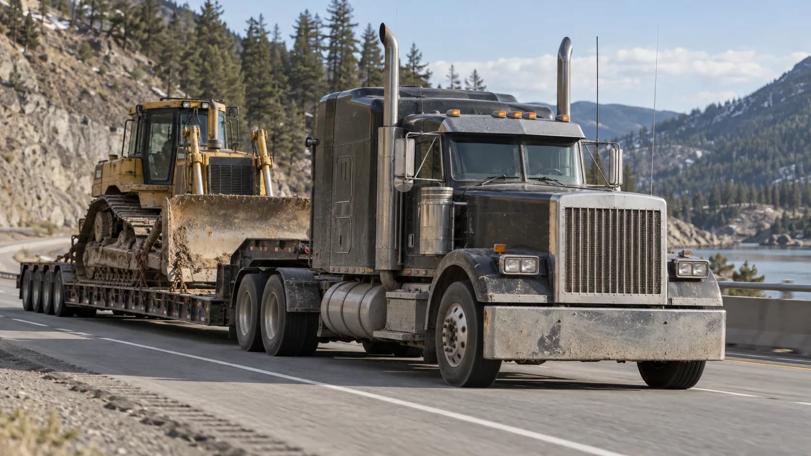 A black long-hood with a dozer on the lowboy, climbing a mountain highway along the water. Who here has pulled oversize through country like this?