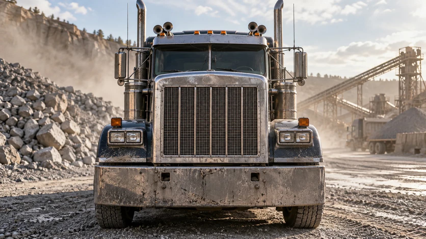 Head-on in a dusty quarry: square grille, twin stacks and a bumper that has seen some rock. What did the long-hoods at your first job look like?