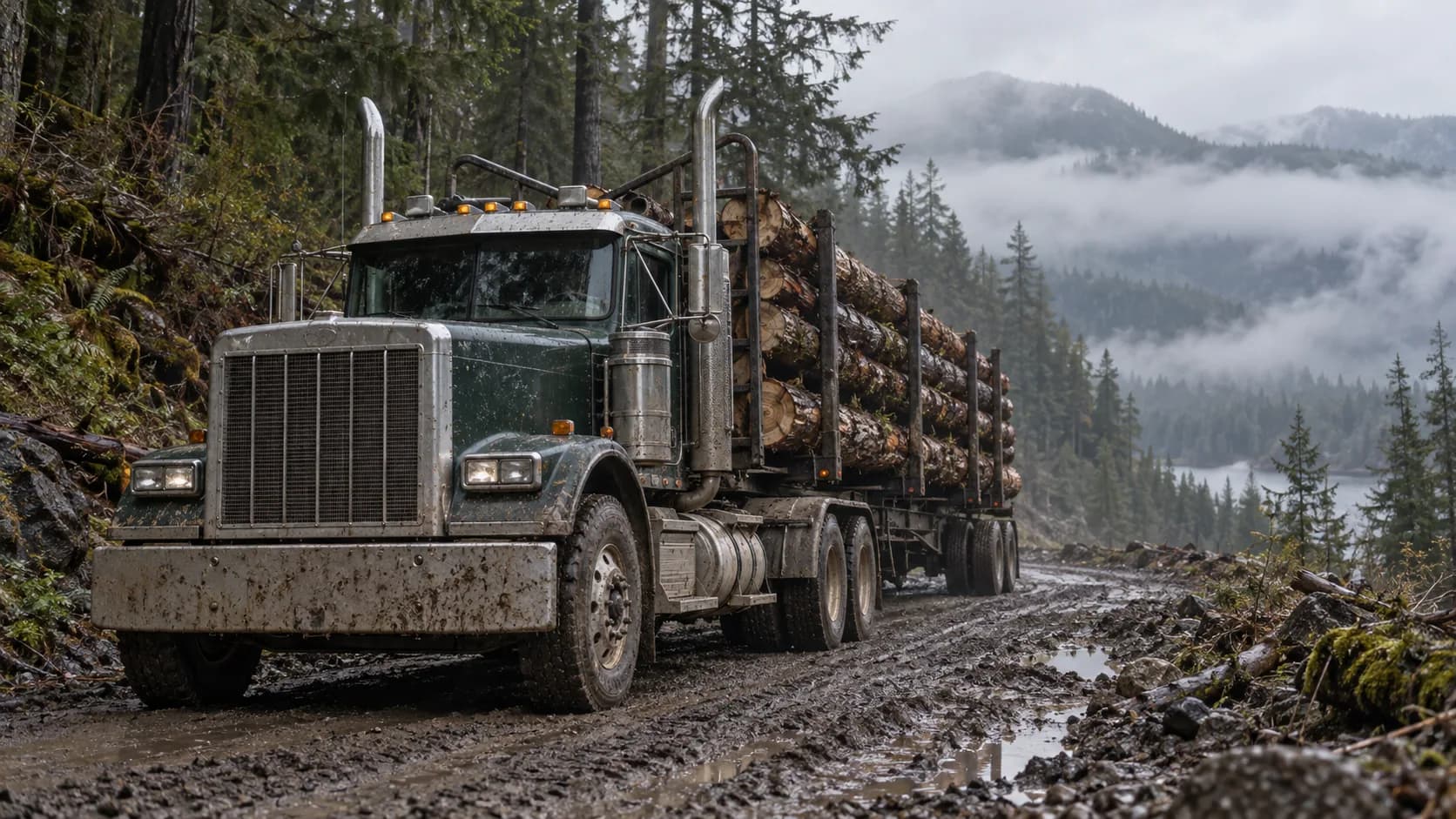 A dark green long-hood truck spattered with mud hauling a full load of logs on a wet forest road, with misty mountains and a lake behind.