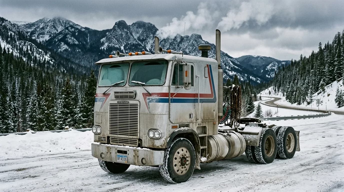 Chains hanging behind the cab, exhaust steaming in the cold, and a mountain pass still ahead. Would you push on or wait it out?