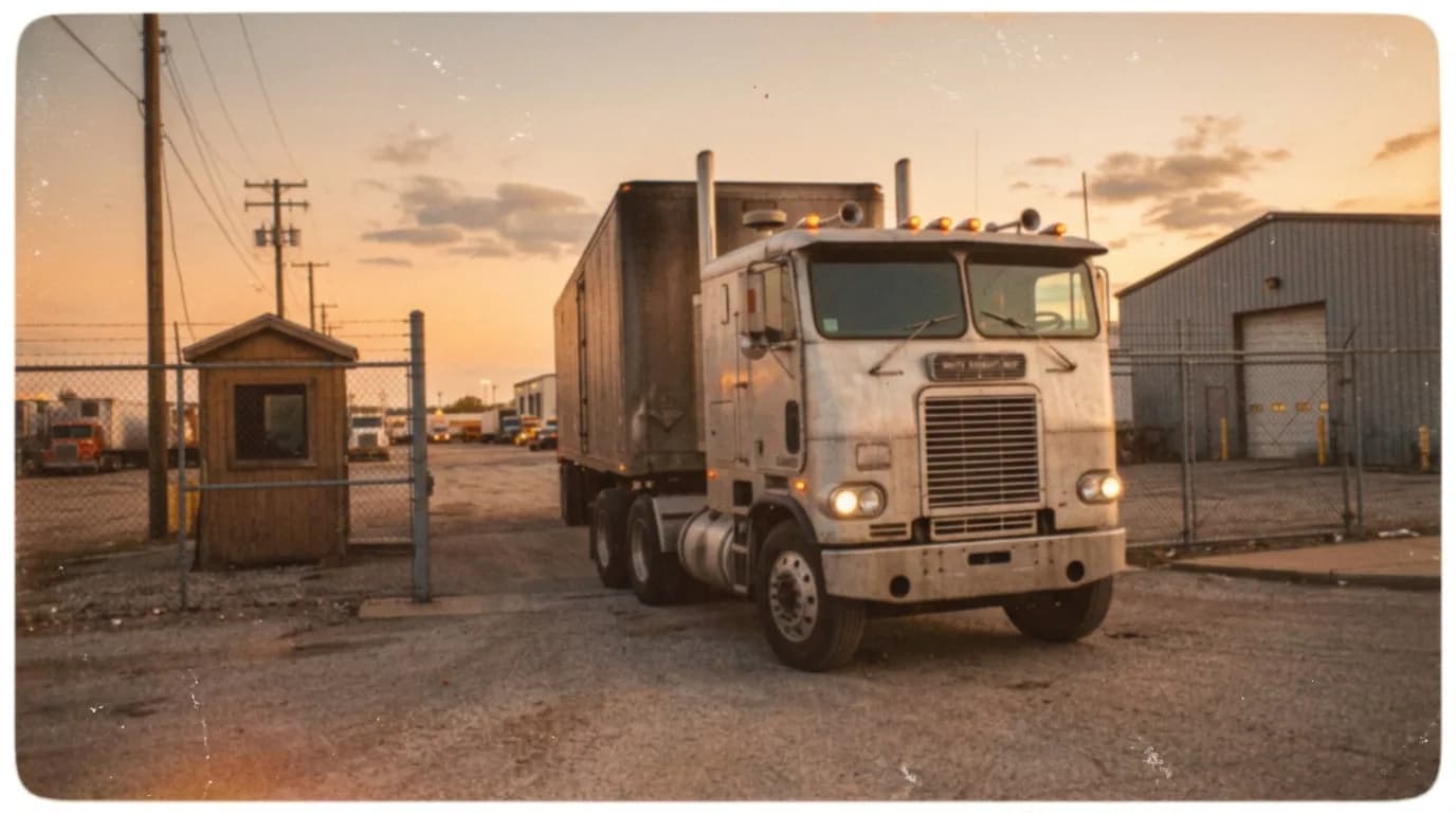 The gate, the guard shack, and a cabover rolling in at sunset. Anyone remember pulling into a terminal like this after a long day?