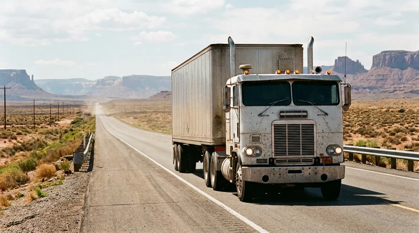 A dust-streaked, pale-metal cabover pulling a dry van along an empty desert highway, with twin exhaust stacks, amber roof marker lights, guardrails and red-rock mesas in the distance.